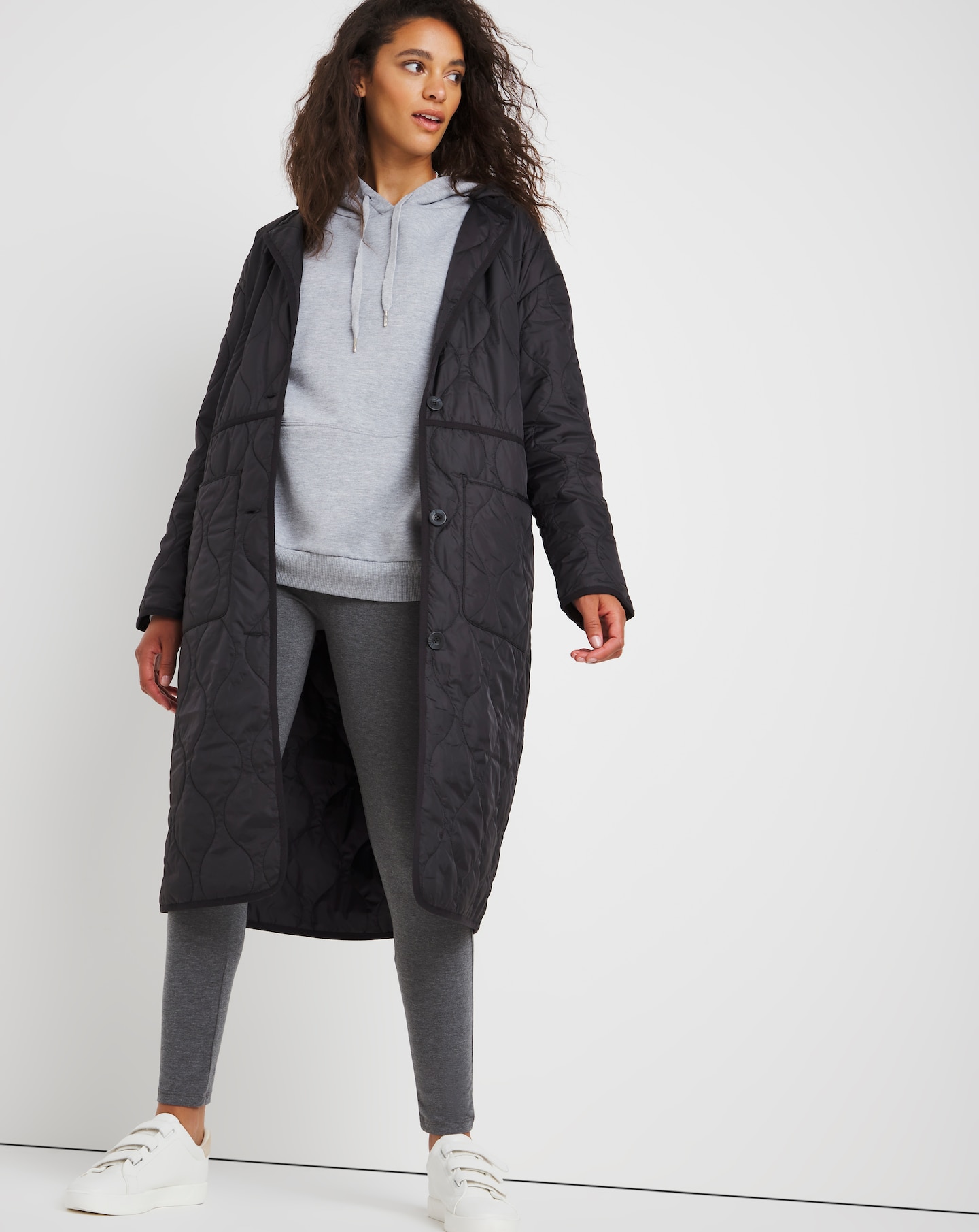 black lightweight padded longline coat